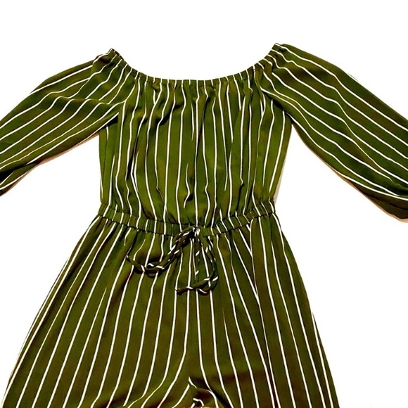 Haute Monde Dark Olive Striped Jumpsuit Size Medium Wide Legs Elastic Waist - Picture 6 of 15